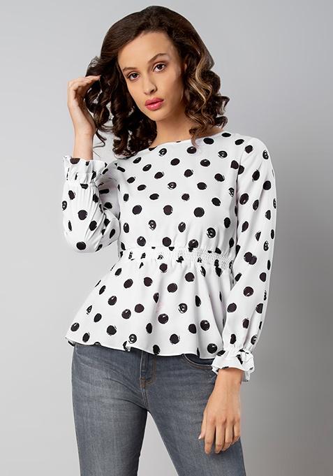 Buy Women White Polka Dot Smocked Waist Top - Trends Online India ...