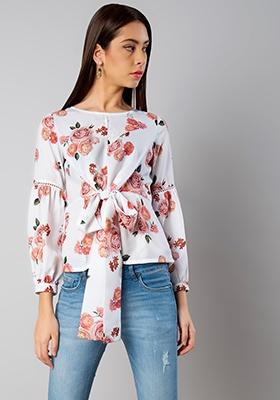 White Floral Belted Front Top 