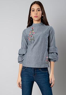 Blue Stripe Embroidered Bell Sleeve Top 