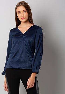 Navy Pearl Embellished Satin Wrap Top  