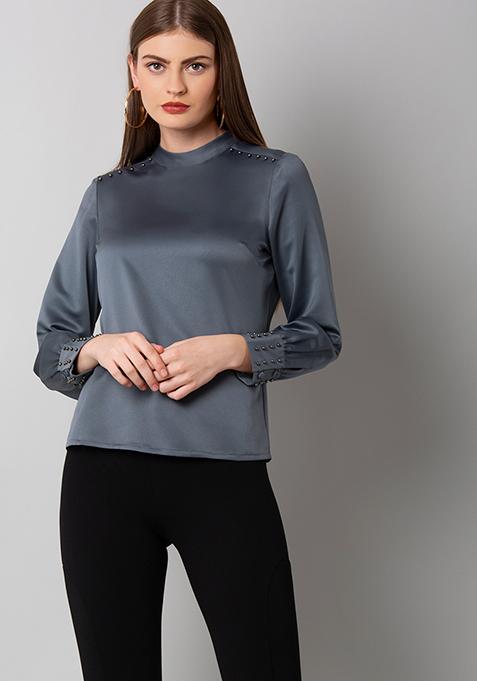 Buy Women Grey Pearl Embellished Top - Blouses Online India - FabAlley