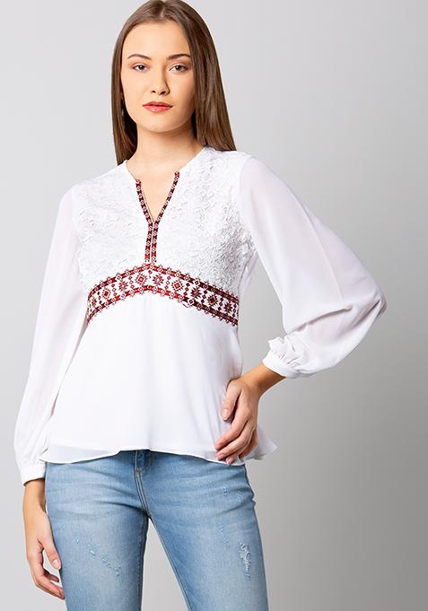 Buy Women White Lace Insert Embroidered Top - Trends Online India ...