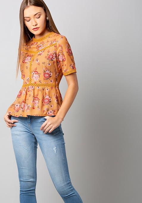 Mustard Floral Ruffled Waist Top 