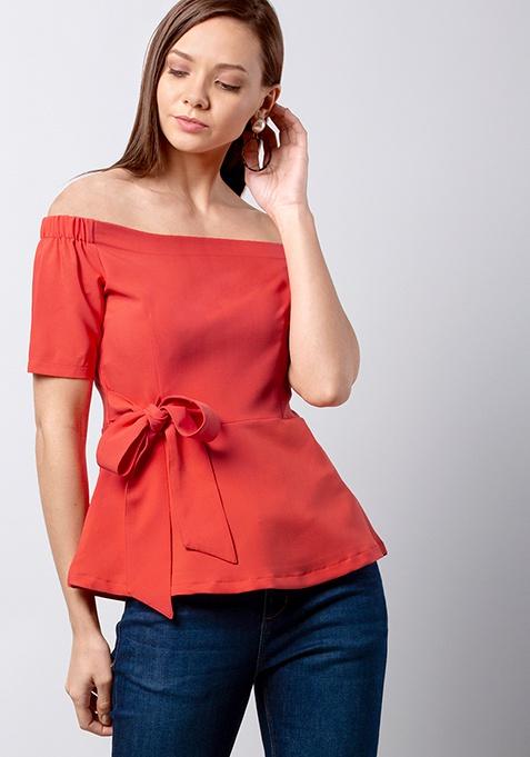 Coral Side Tie Off Shoulder Peplum Top 