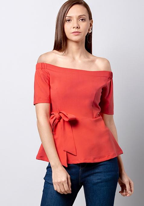 Buy Women Coral Side Tie Off Shoulder Peplum Top - Peplum Tops Online ...