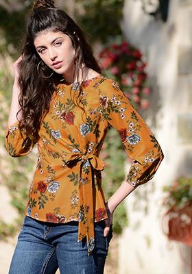 Mustard Floral Gathered Tie Top