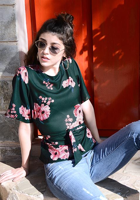 Teal Flared Sleeve Belted Floral Top