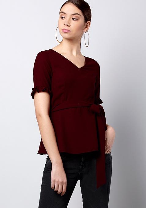 Buy Women Maroon Belted Top With Ruffled Sleeves - Trends Online India ...