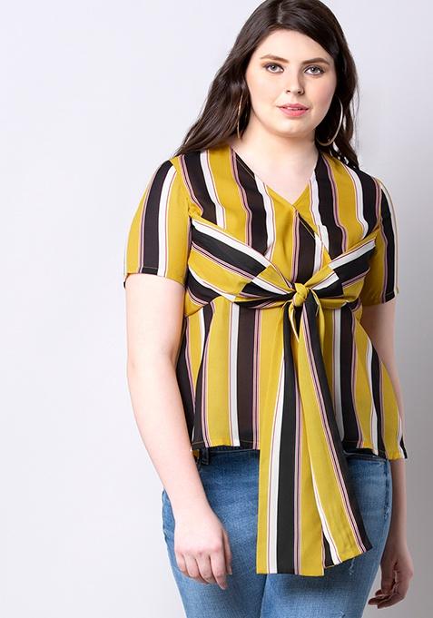 Yellow Striped Belted Front Top