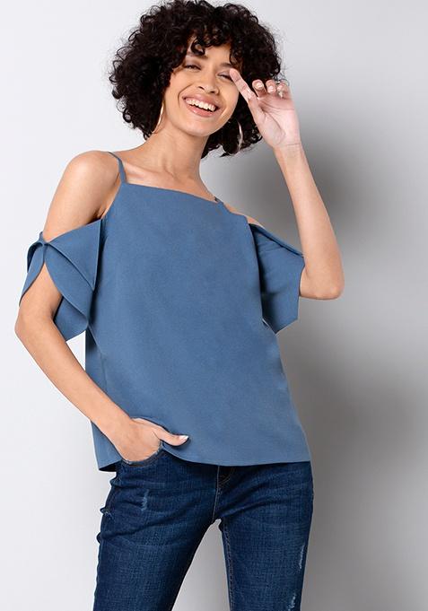 Blue Grey Cold Shoulder Strappy Top