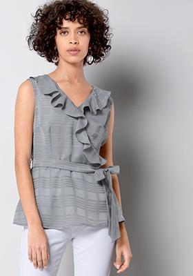 Grey Belted Ruffle Wrap Top