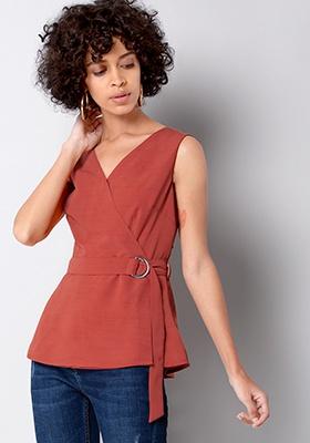 Rust Buckled Wrap Top