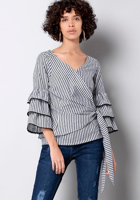 Buy Women Black Striped Bell Sleeve Wrap Top - Trends Online India ...