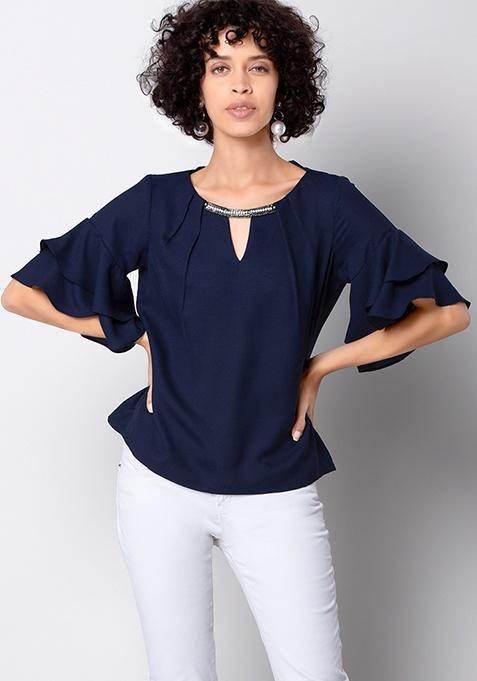 Buy Women Navy Embellished Top With Flared Sleeves - Trends Online ...