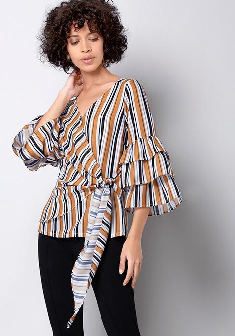 Buy Women Mustard Striped Bell Sleeve Wrap Top - Trends Online India ...