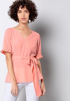 Peach Belted Frill Sleeve Wrap Top