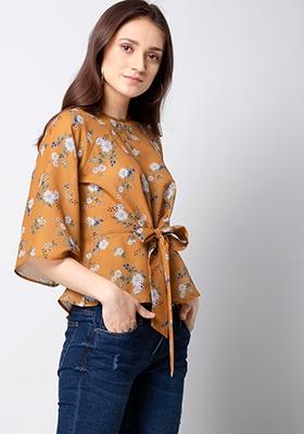 Mustard Floral Knotted Top