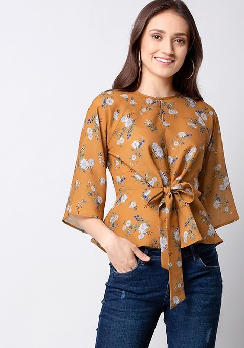 Buy Women Mustard Floral Knotted Top - Trends Online India - FabAlley