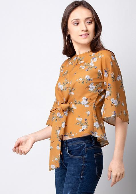 Buy Women Mustard Floral Knotted Top - Trends Online India - FabAlley