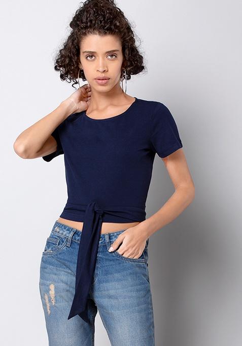 BASICS Navy Tie Up Crop Top