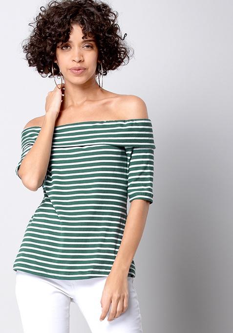 BASICS Green Striped Off Shoulder Top