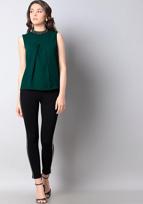 Green Embellished High Neck Top