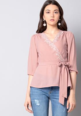 Pink Embroidered Belted Wrap Top