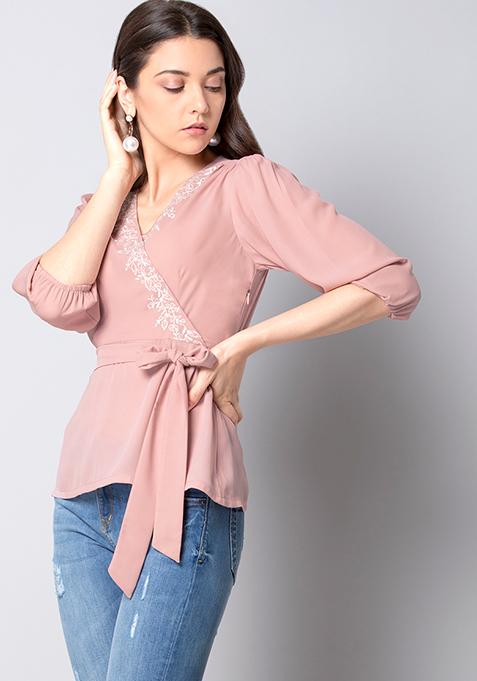 Buy Women Pink Embroidered Belted Wrap Top - Trends Online India - FabAlley