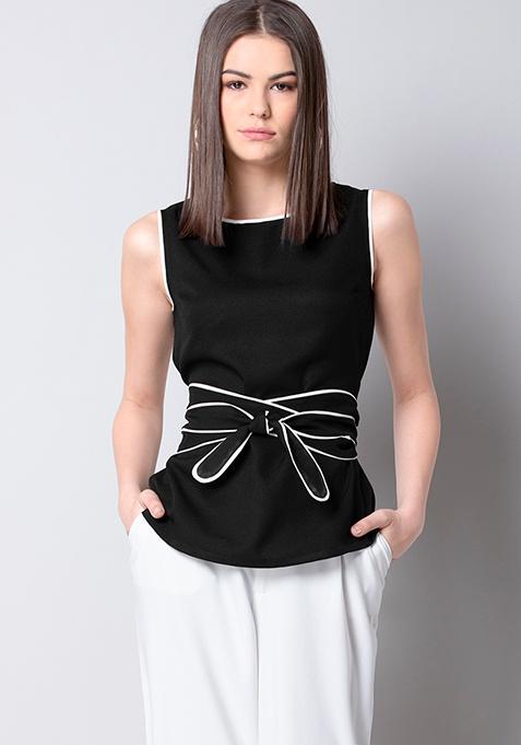 Buy Women Black Contrast Piping Belted Top - Trends Online India - FabAlley