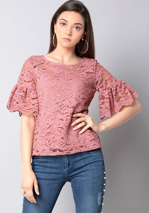 Buy Women Pink Flared Sleeve Lace Top - Blouses Online India - FabAlley