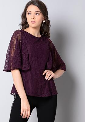 Wine Cape Sleeve Lace Top