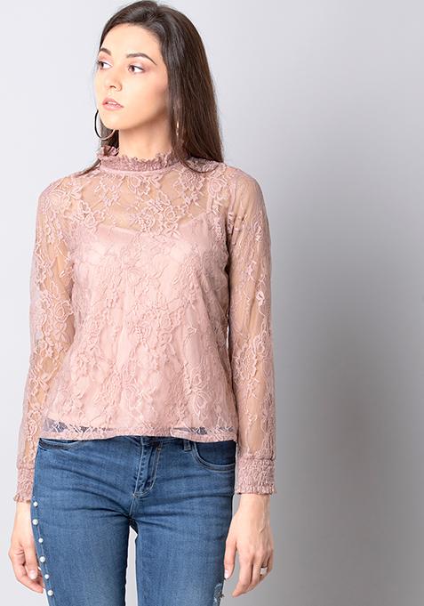 Blush Smocked Neck Lace Top