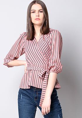 Pink Striped Belted Wrap Top