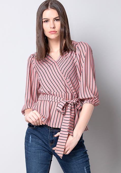 Buy Women Pink Striped Belted Wrap Top - Wrap Tops Online India - FabAlley