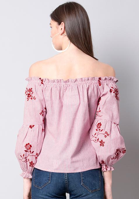 Buy Women Red Stripe Embroidered Off Shoulder Top - Blouses Online ...