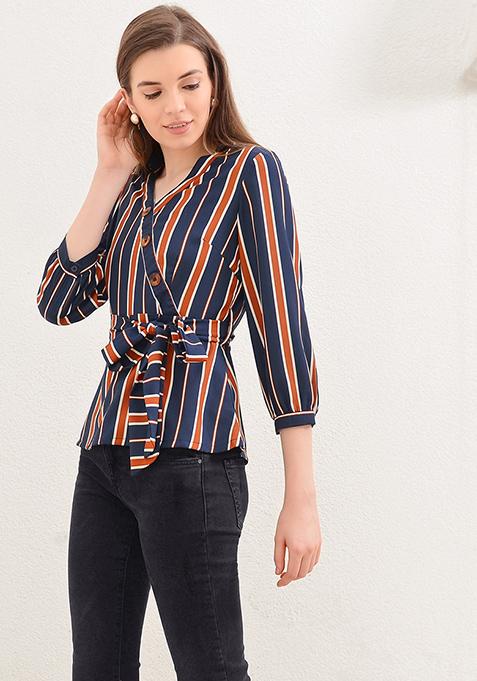 Navy Stripe Diagonal Buttoned Top