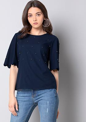 Navy Pearl Embellished Scallop Top
