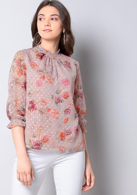 Pink Floral High Neck Swiss Dot Top