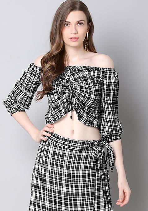 Black Tartan Off Shoulder Crop Top