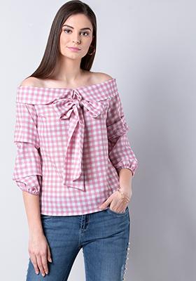 Pink Gingham Bow Collar Top