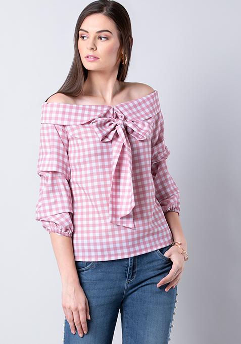 womens pink gingham top