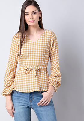 Yellow Gingham Belted Top