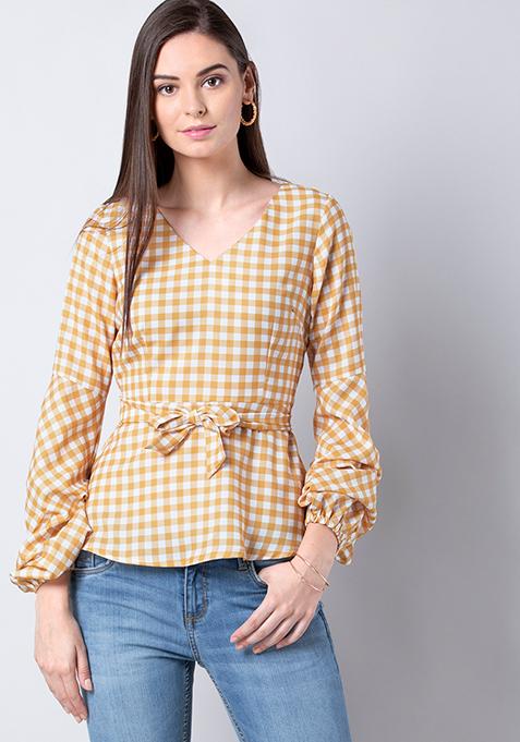 Yellow Gingham Belted Top