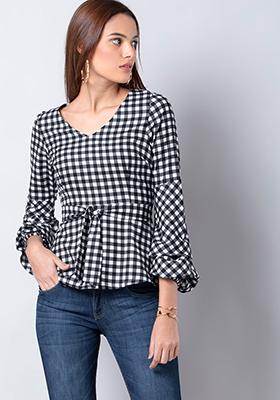 Buy Women Black Gingham Belted Top - Blouses Online India - FabAlley