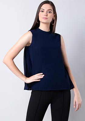 Navy High Neck Pleated Top
