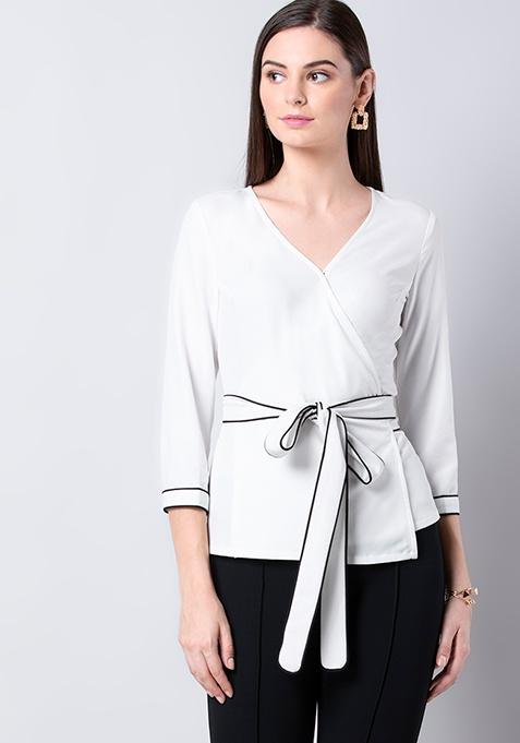 Buy Women White Contrast Piping Wrap Top - Wrap Tops Online India ...