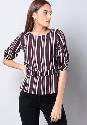Maroon White Belted Striped Top 