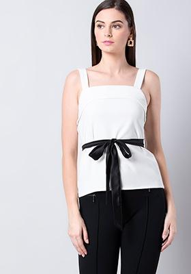 White Contrasting Belt Strappy Top