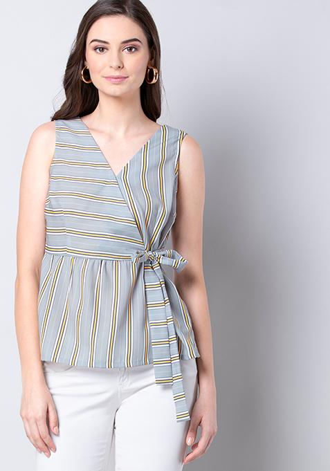 Grey Striped Side Tie Wrap Top 