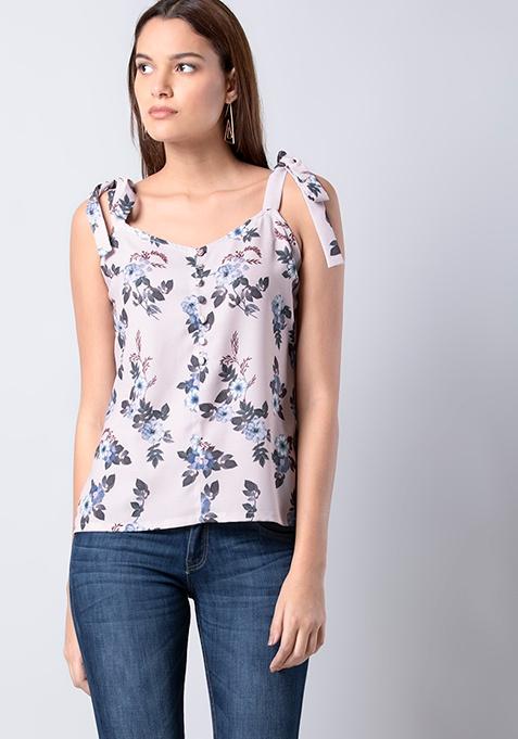 Beige Floral Shoulder Tie Top